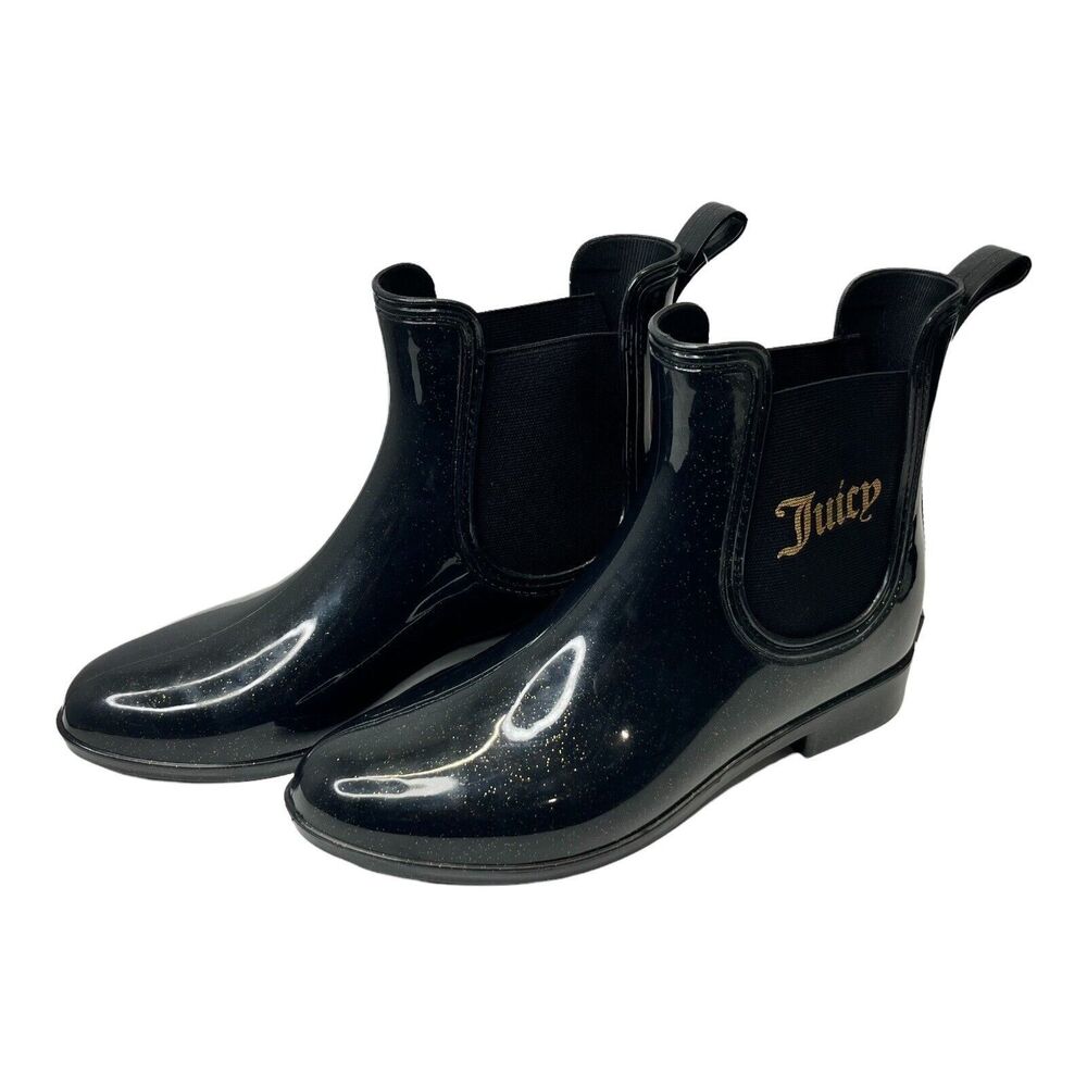 Juicy Couture Rain Boots womens 7 M black sparkle gold glitter‎ Rori
